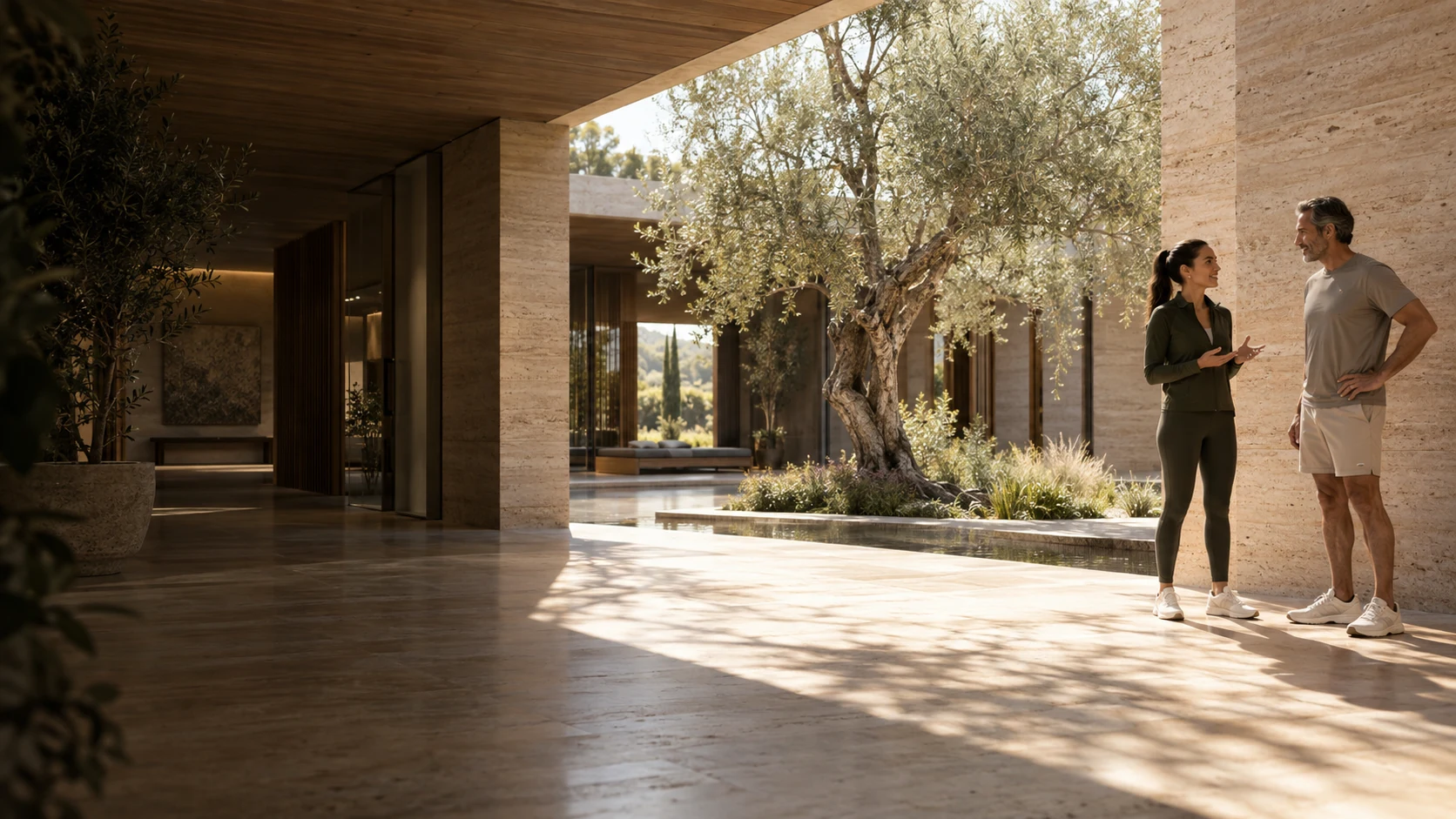 A wellness professional and member talking in a sunlit courtyard